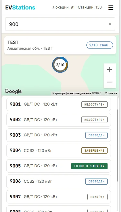 Поиск по номеру 900: станция TEST и список её коннекторов со статусами