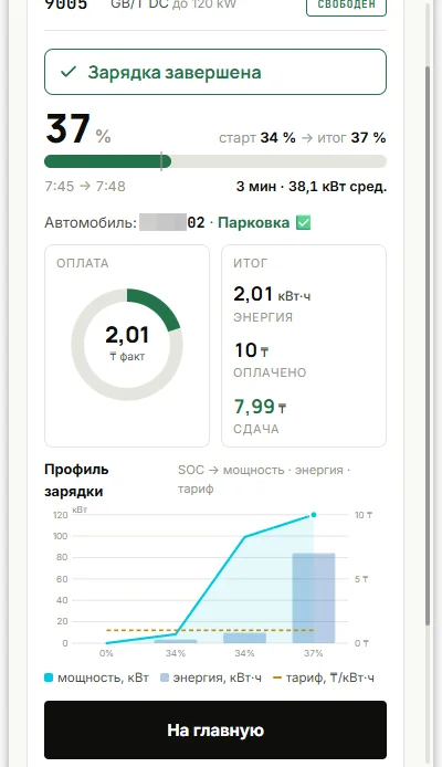 «Зарядка завершена»: итог по энергии, оплата и сдача